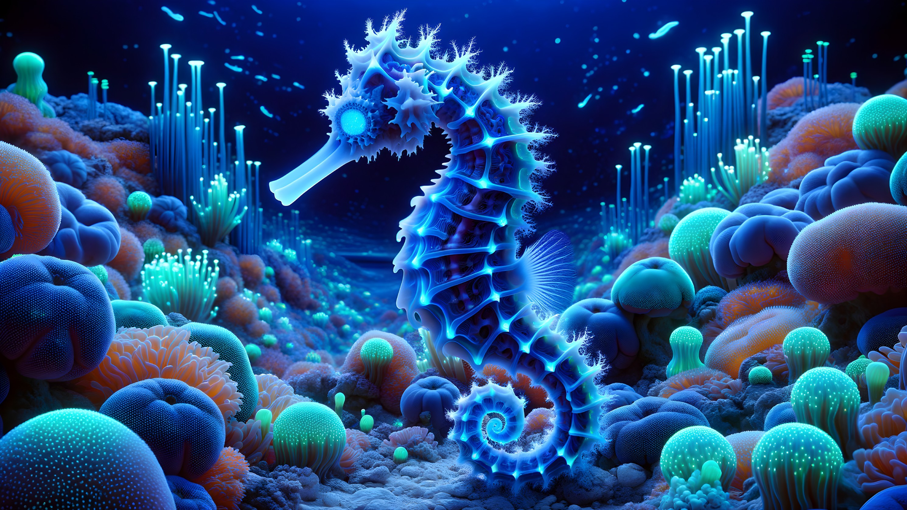 Bioluminescent Seahorse in Colorful Coral Reef