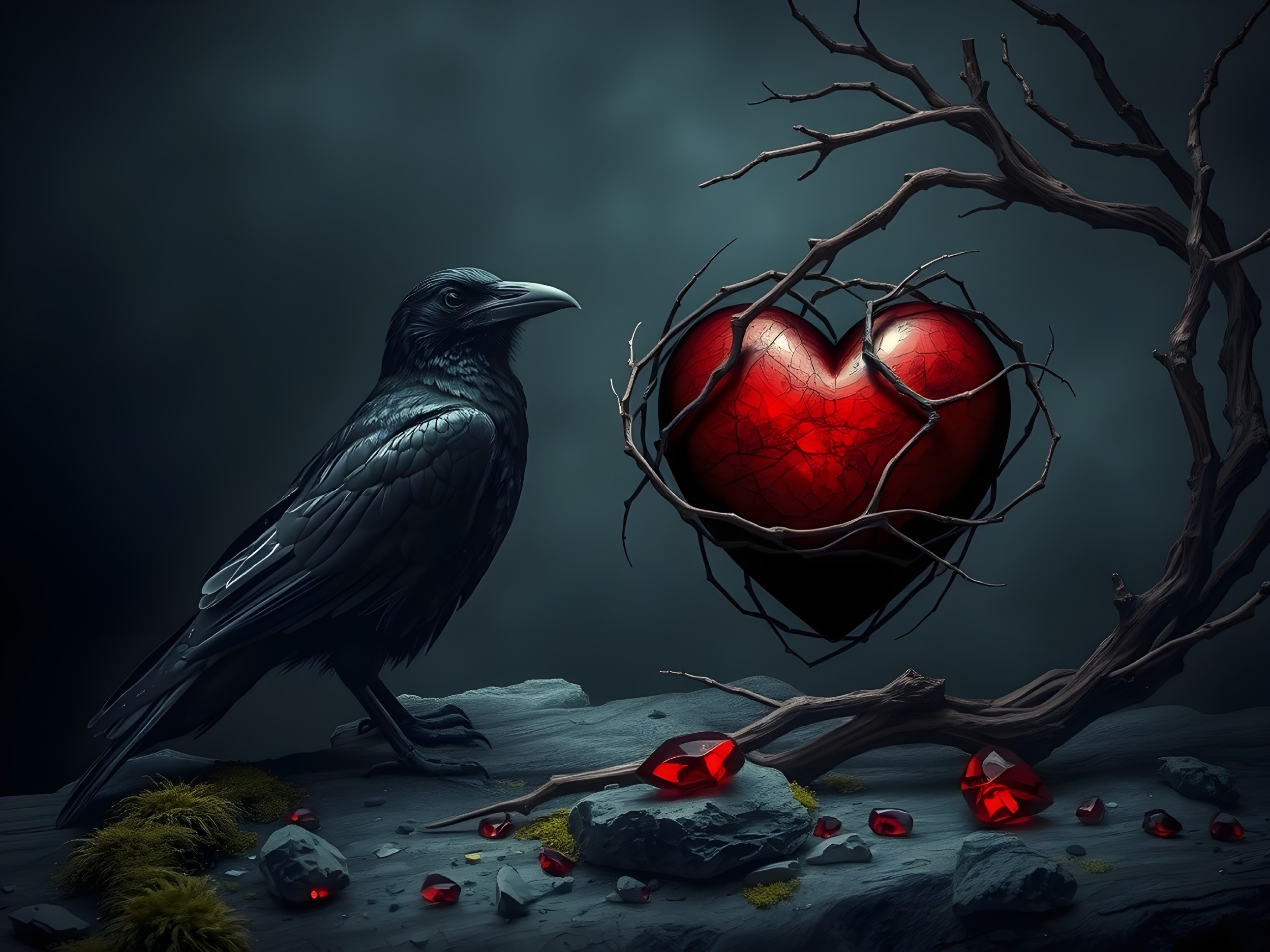 Dark Scene with Raven and Cracked Red Heart