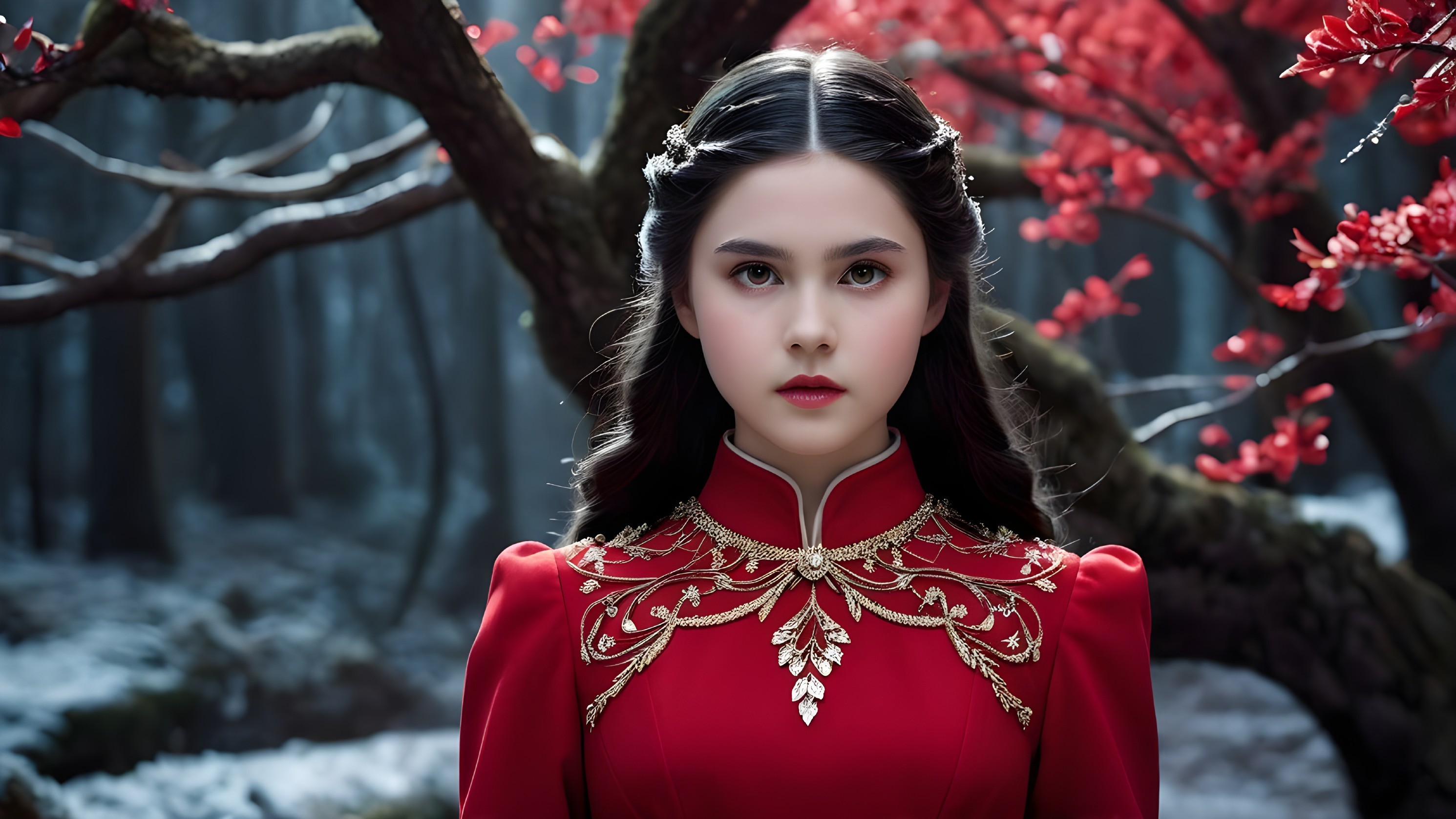 Young woman in red gown in mystical snowy forest