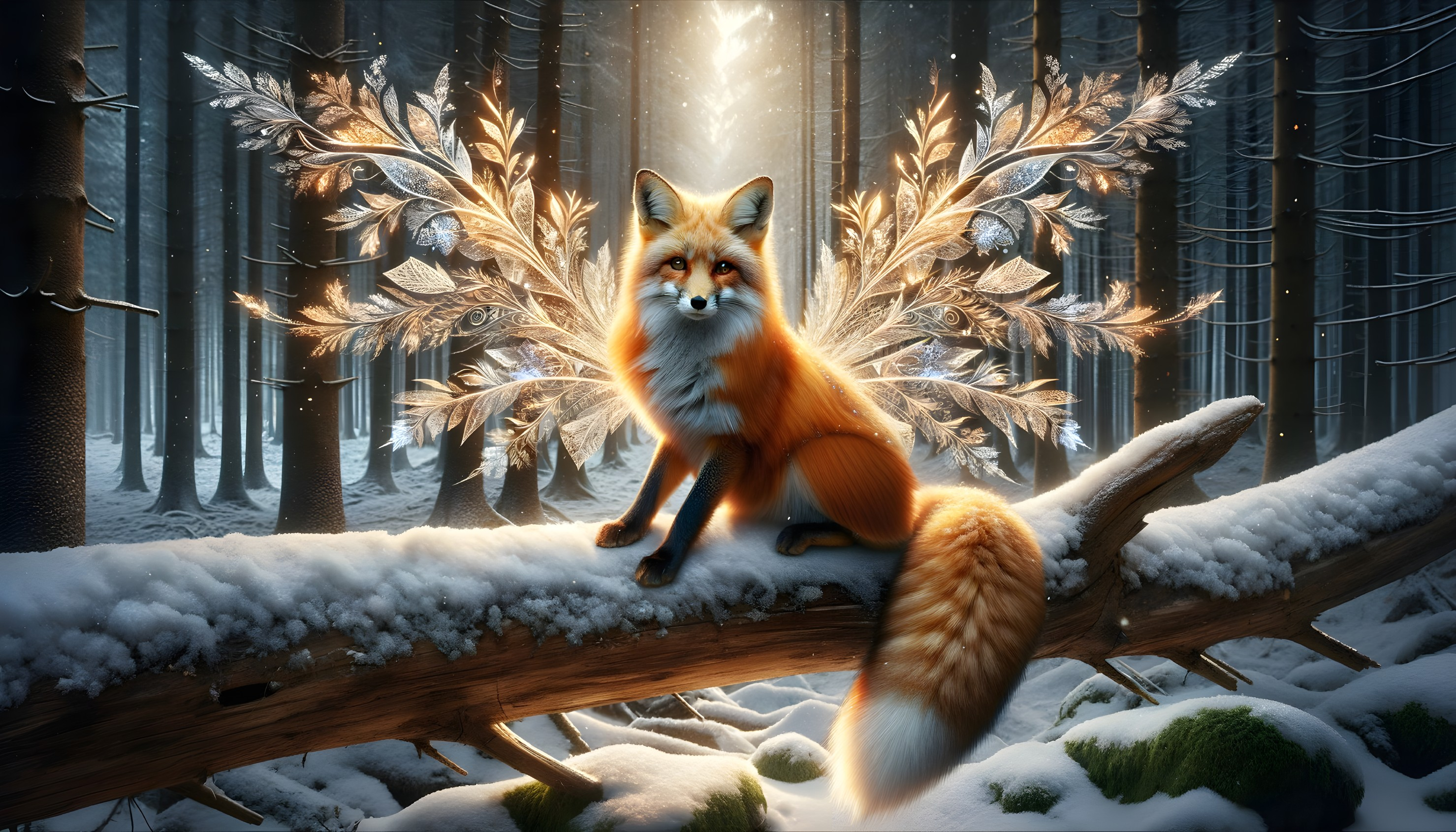 Majestic fox with golden wings in snowy forest setting