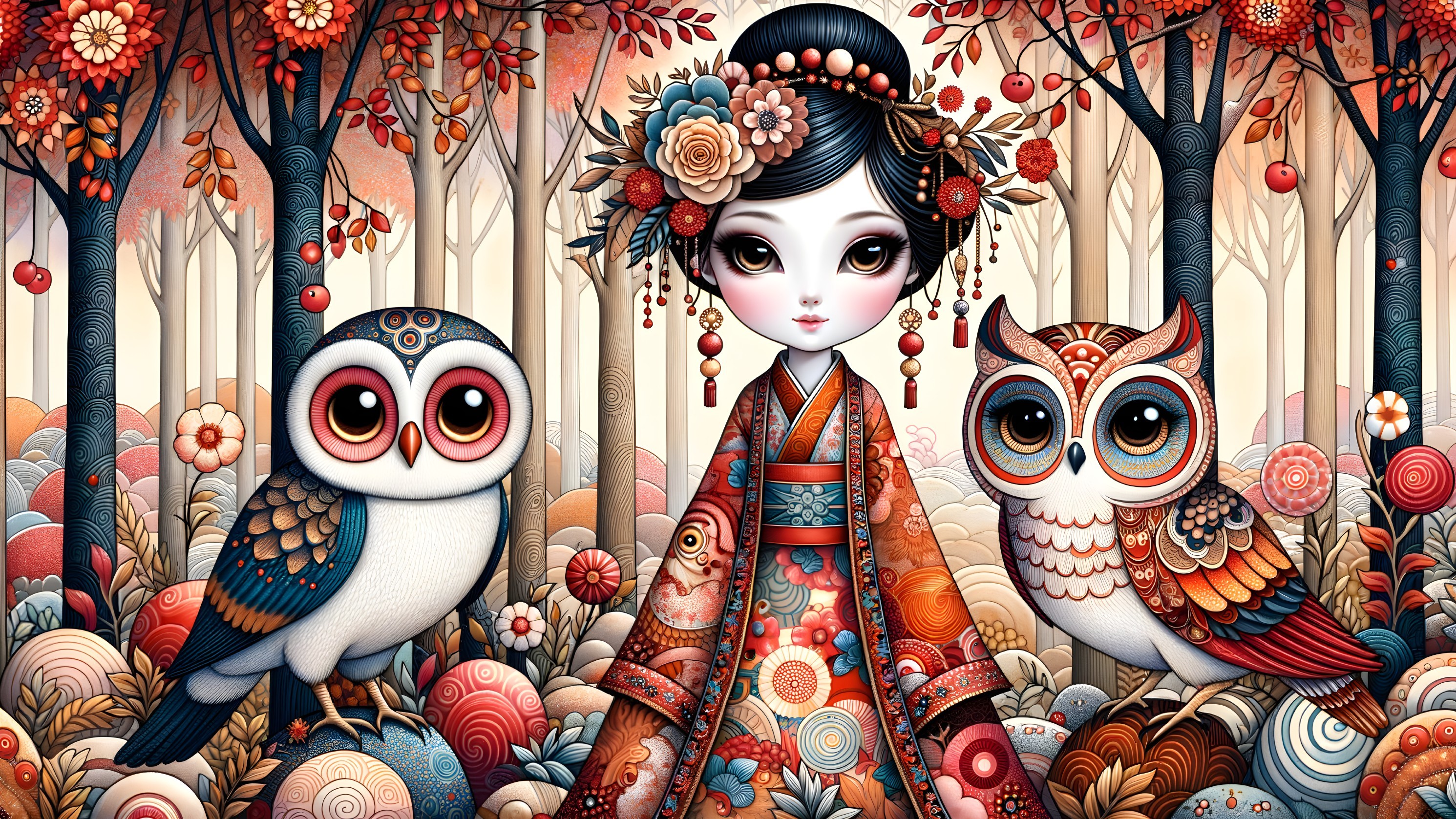 Whimsical Scene of Girl in Kimono with Owls