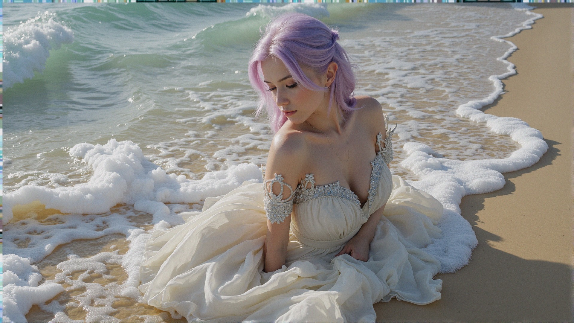 Young woman with purple hair on a sandy beach