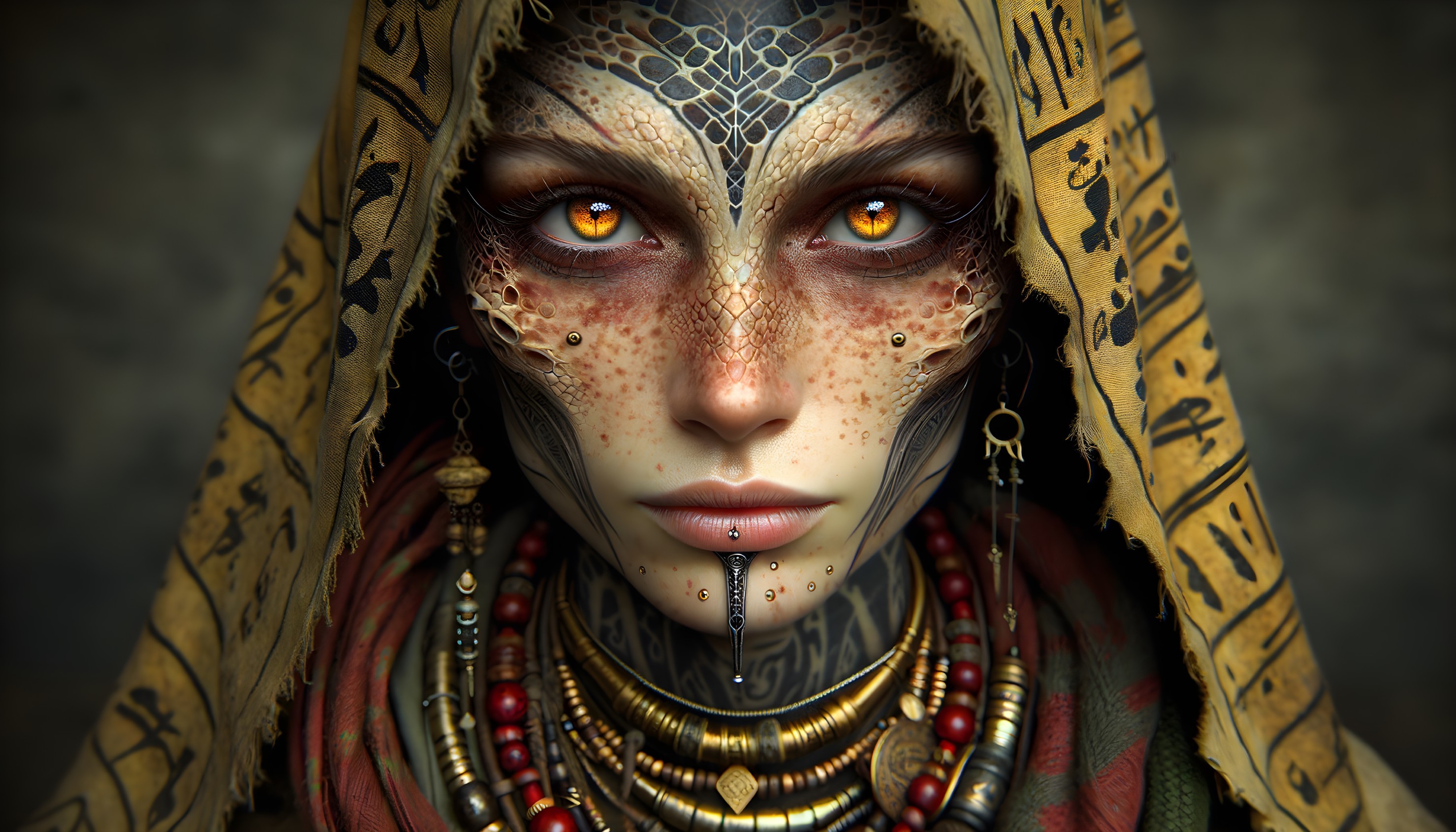 Striking figure with intricate facial patterns and orange eyes