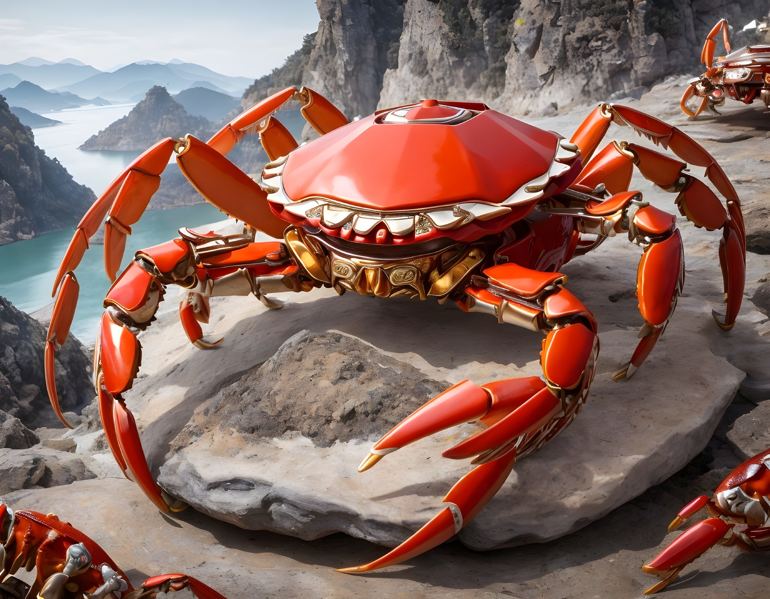 Robotic Crab on Rocky Outcrop Overlooking Landscape