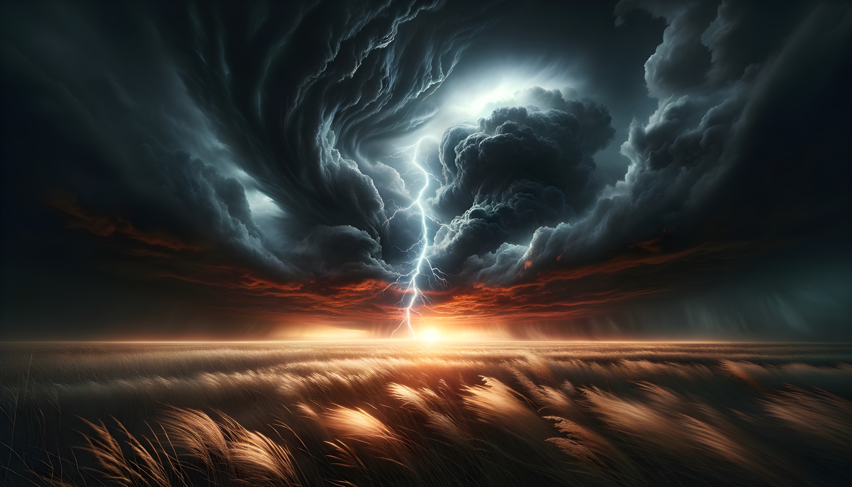 Dramatic Landscape with Lightning and Sunset Colors