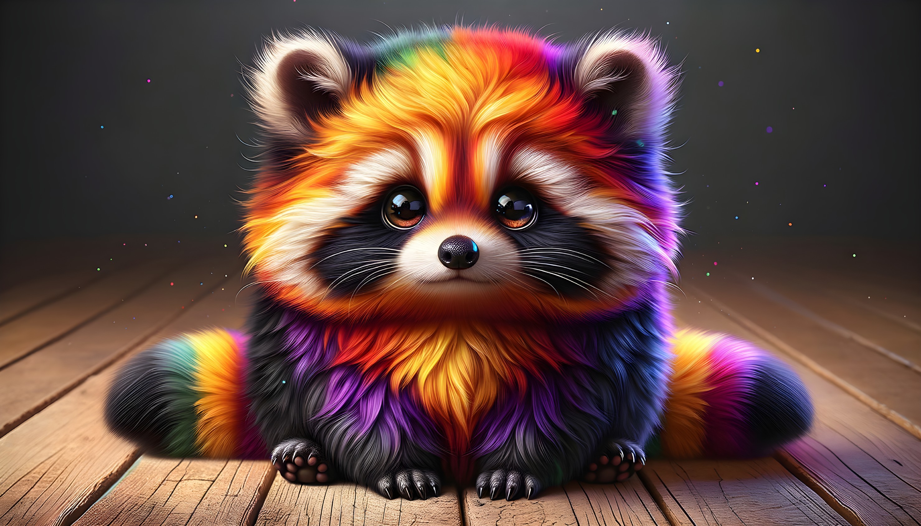 Stylized Raccoon with Rainbow Fur on Wooden Floor