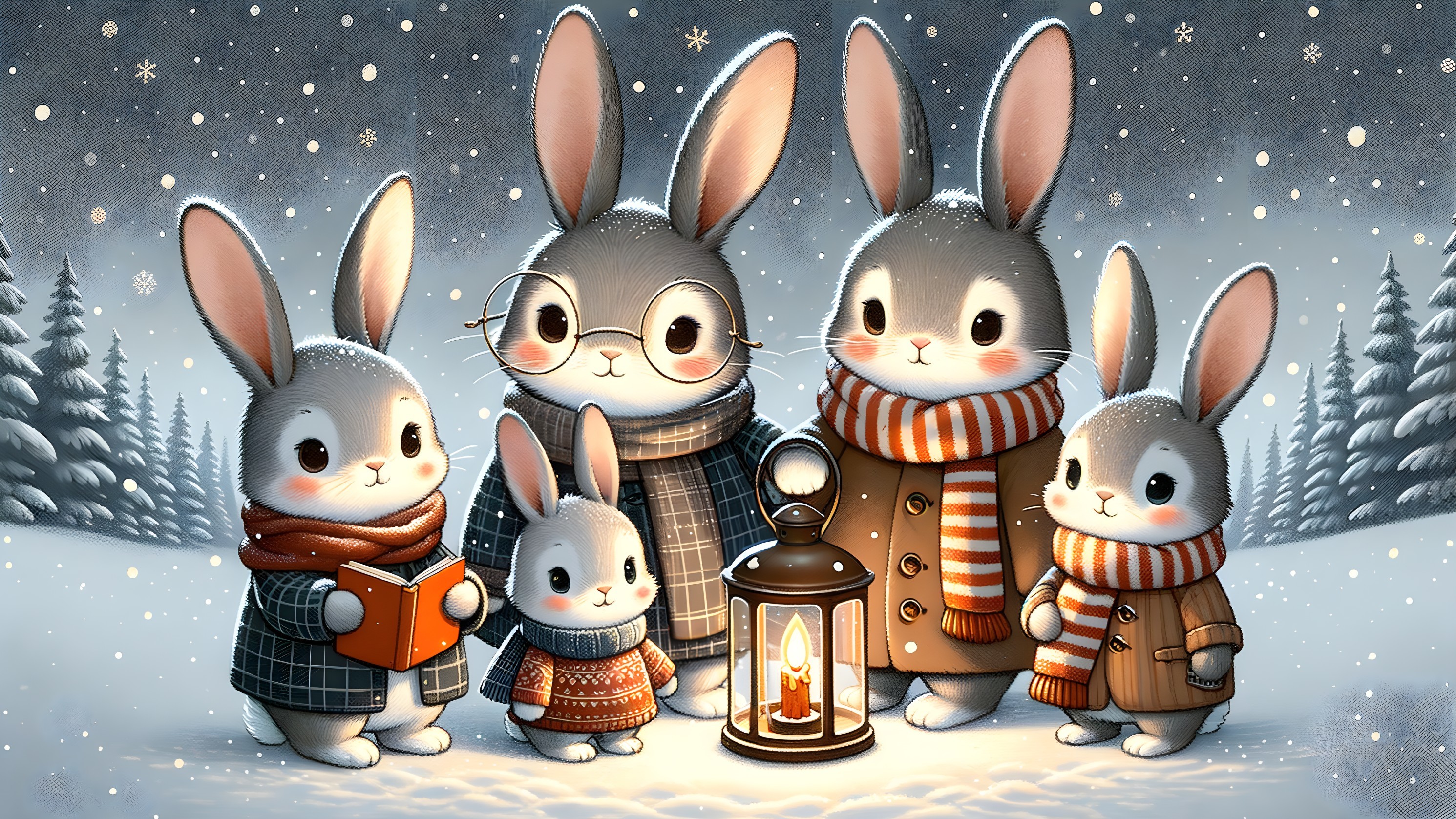 Cartoon Rabbits in Snowy Landscape with Lanterns