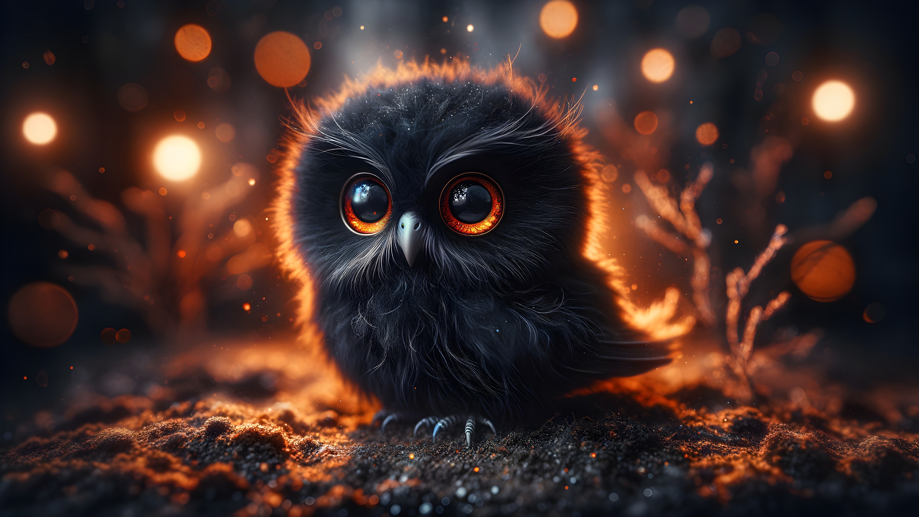 Fluffy Owl in Mystical Forest with Glowing Eyes