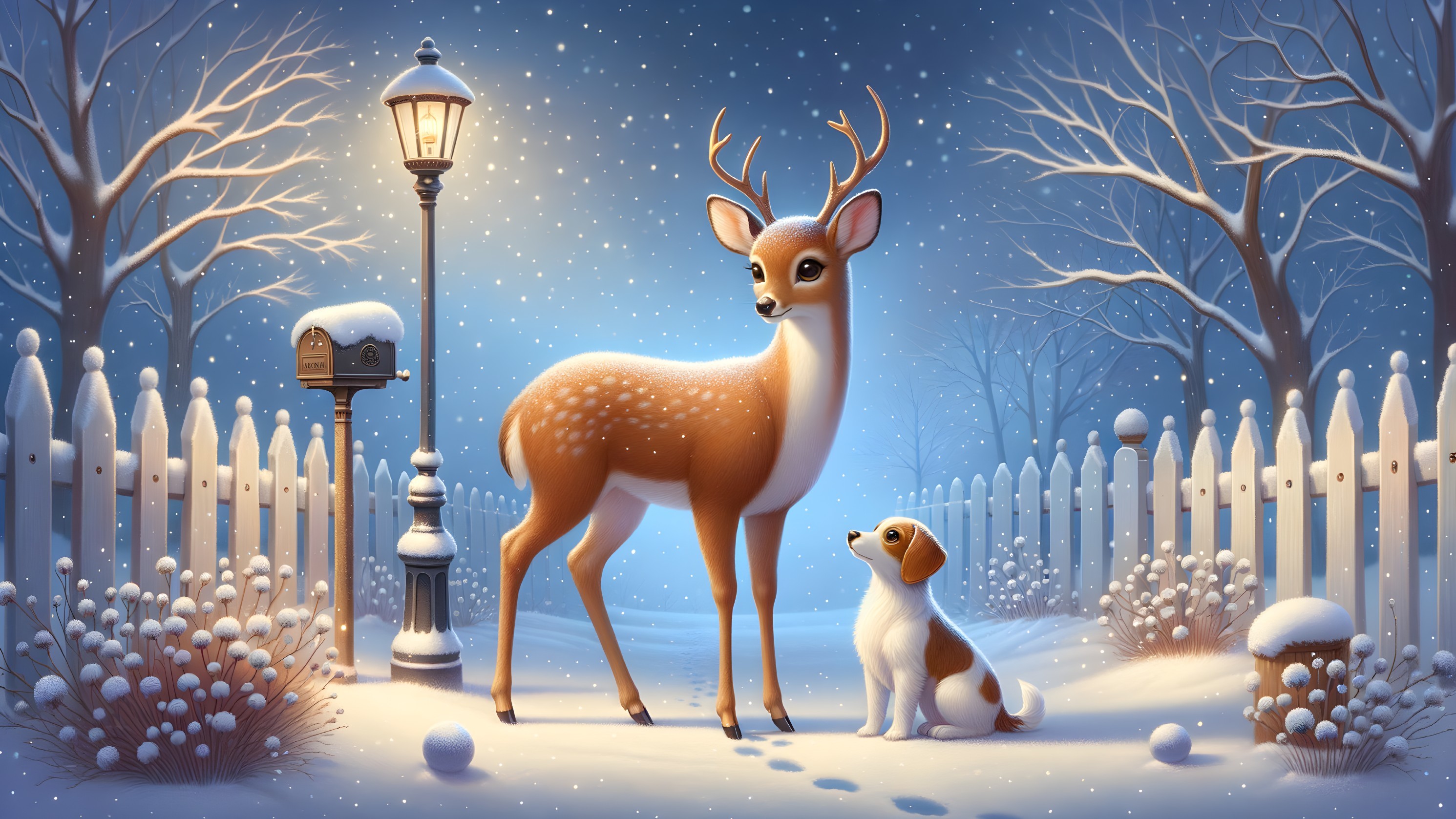 Deer and Dog in a Serene Winter Landscape