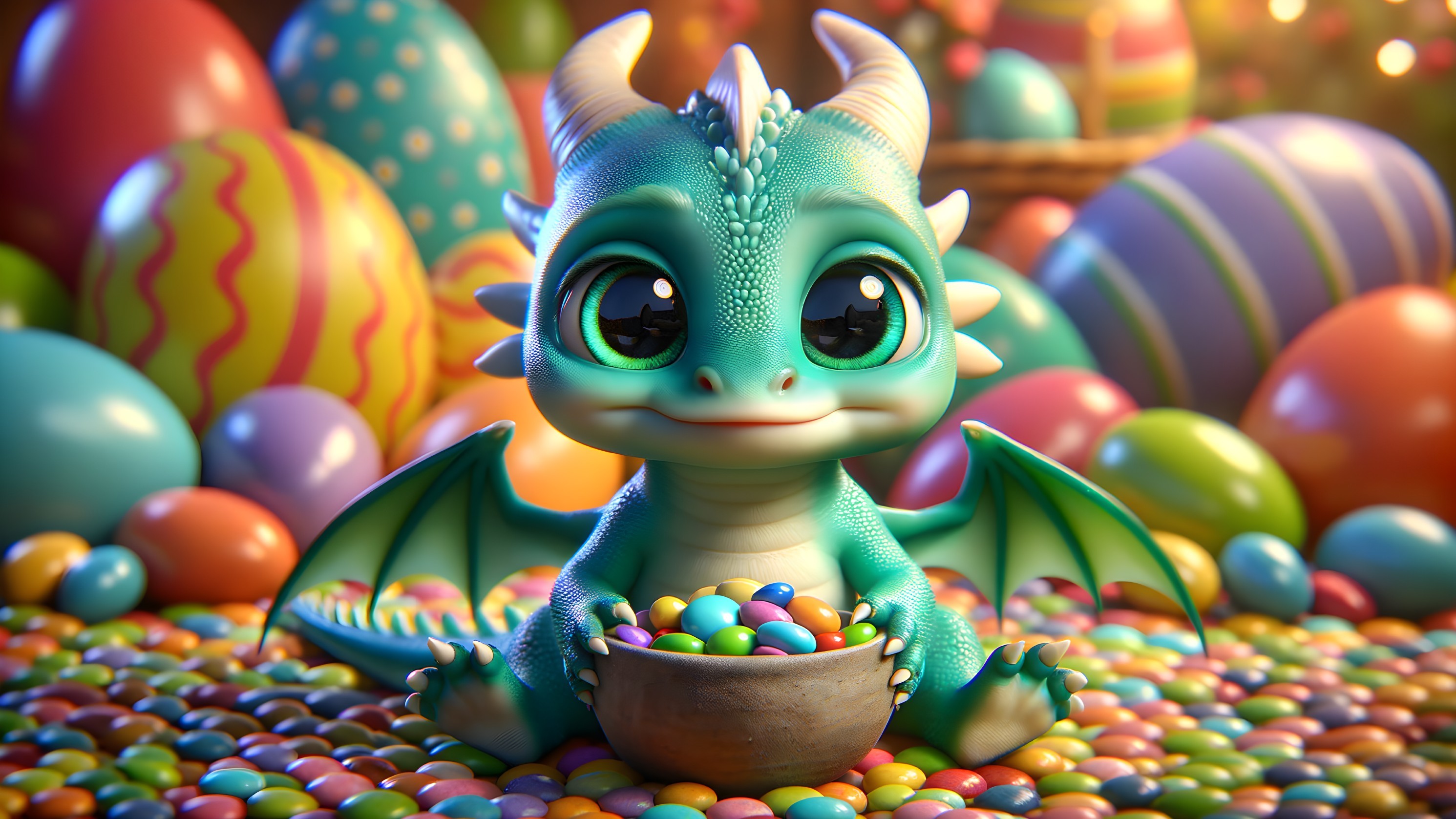 Turquoise Dragon Surrounded by Colorful Easter Eggs