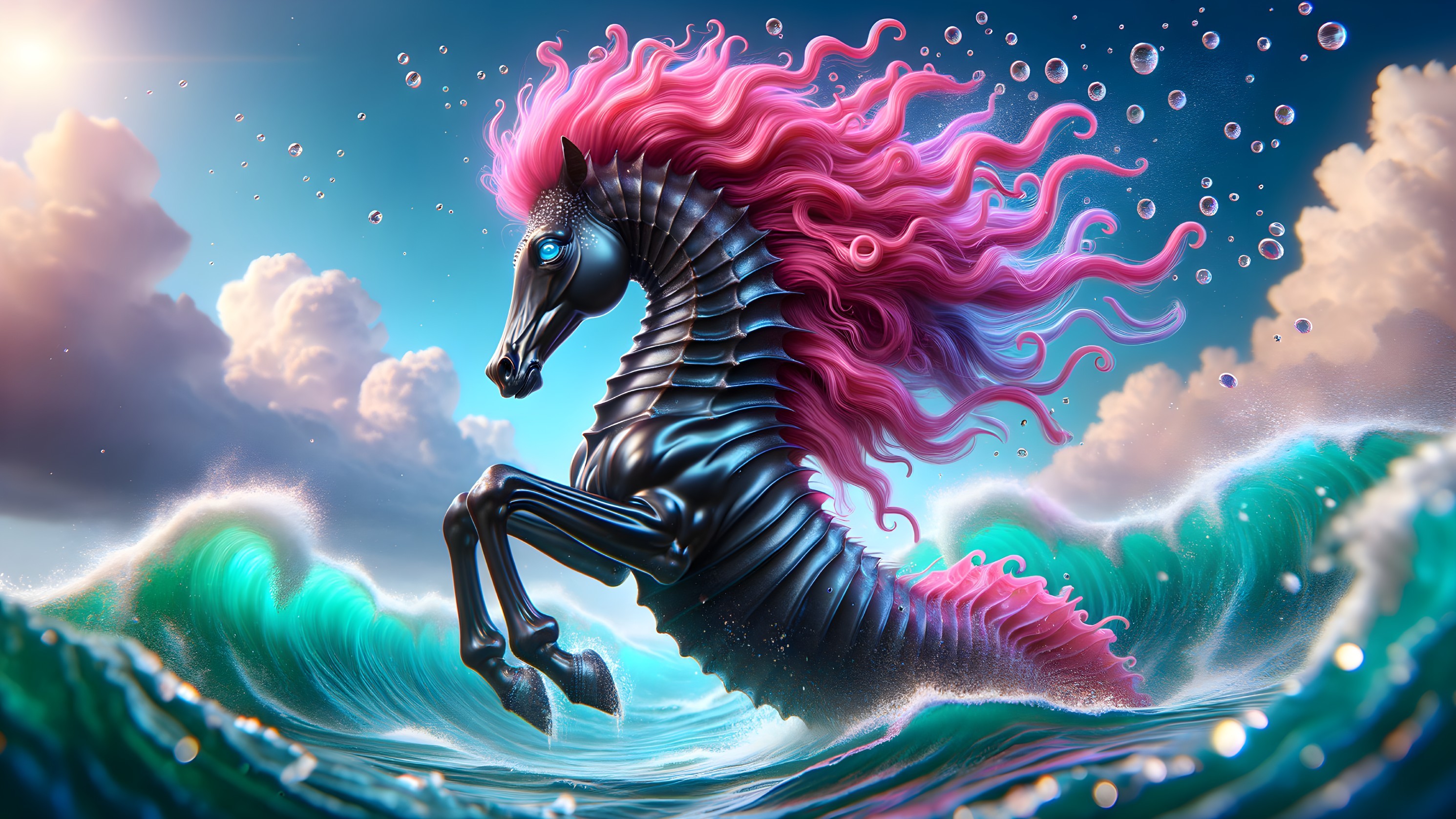 Fantastical Sea Creature in Vibrant Waves and Sky