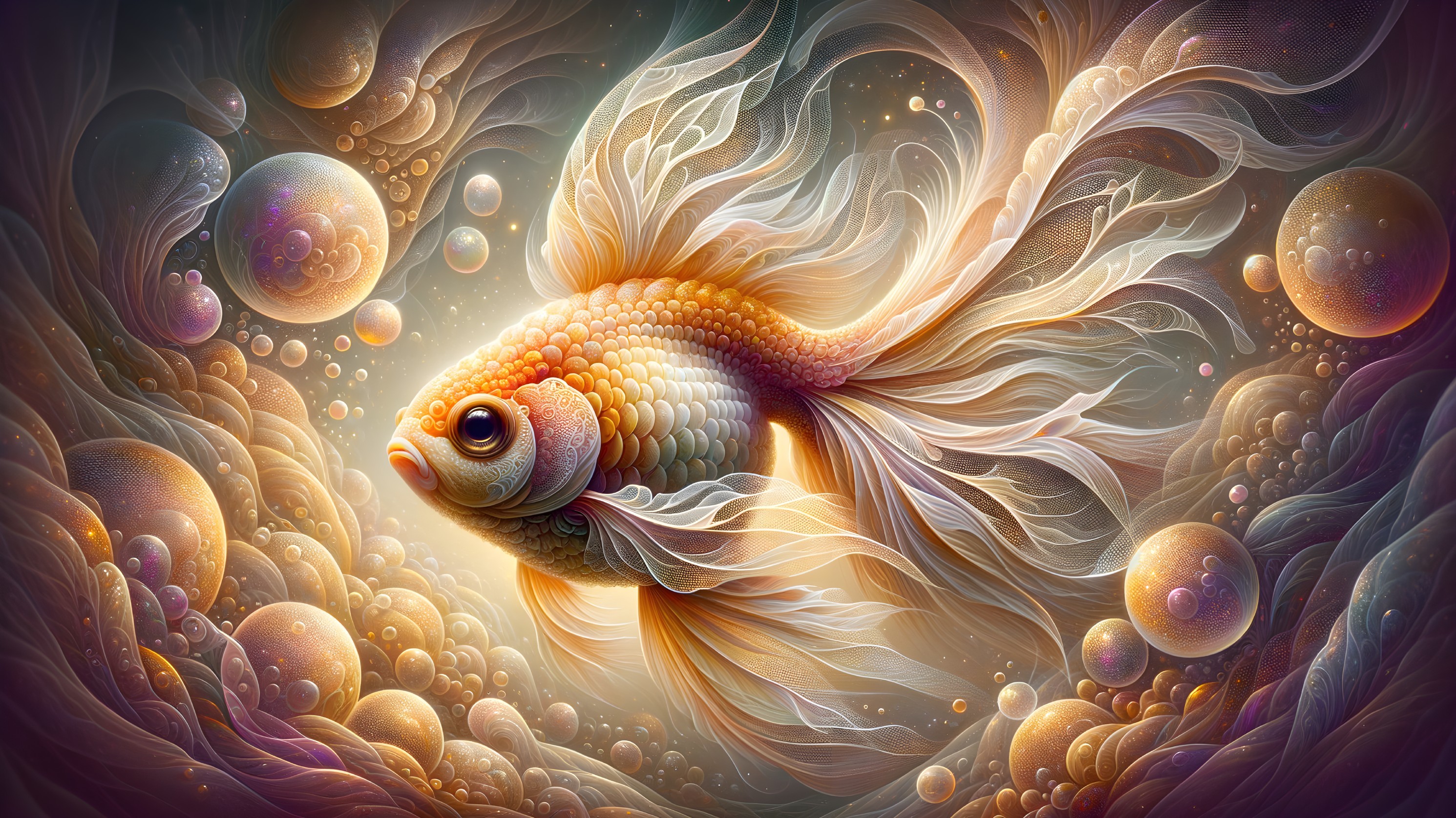 Goldfish in Ethereal Underwater Scene Illustration