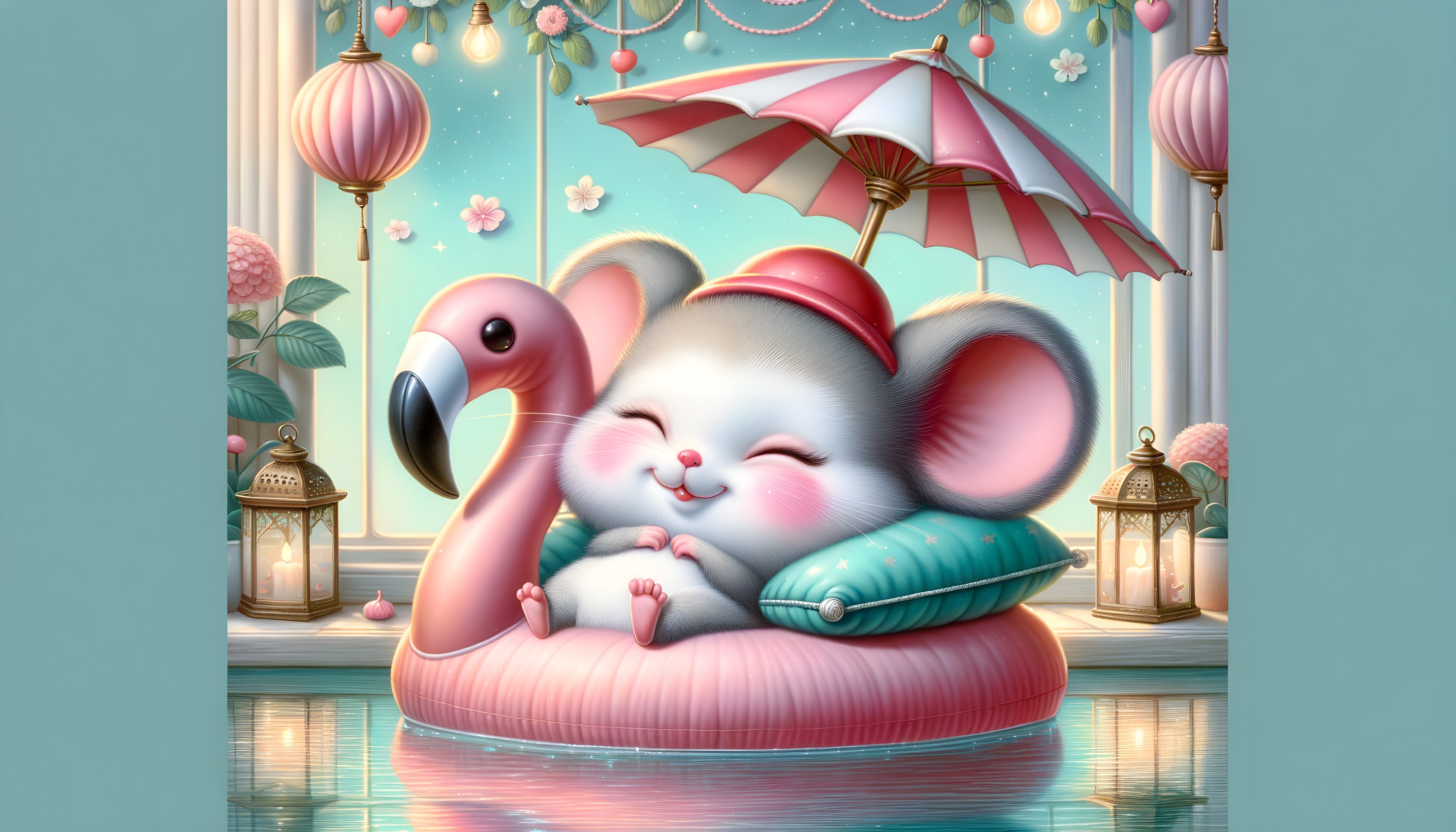 Cartoon Mouse on Flamingo Float in Cheerful Pool Scene