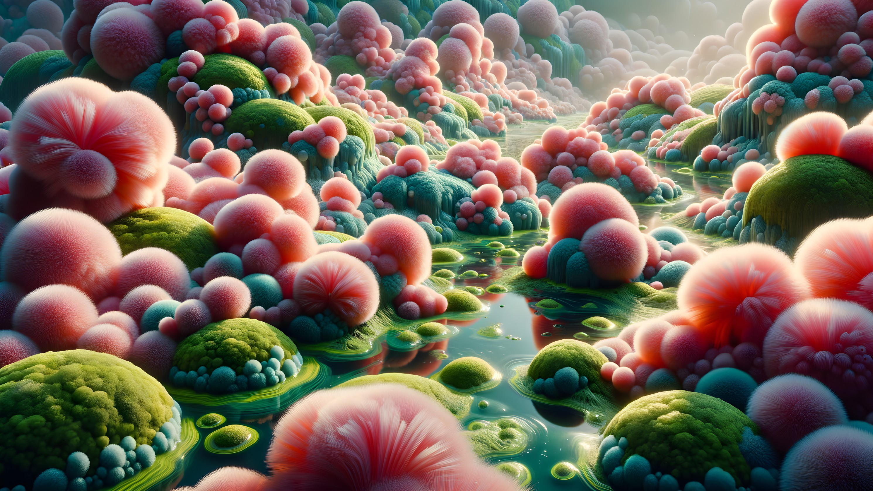 Surreal Landscape with Fluffy Pink and Green Spheres