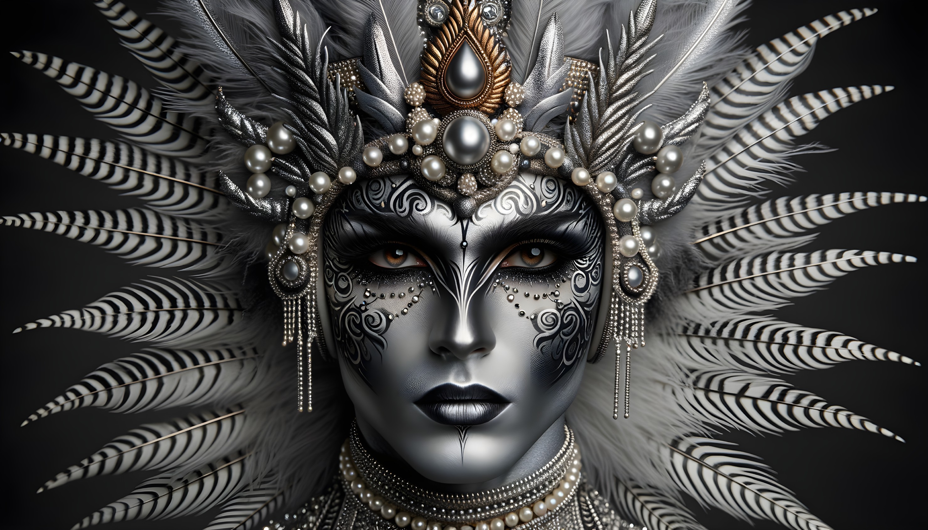 Elaborate Face Paint and Regal Headdress Design