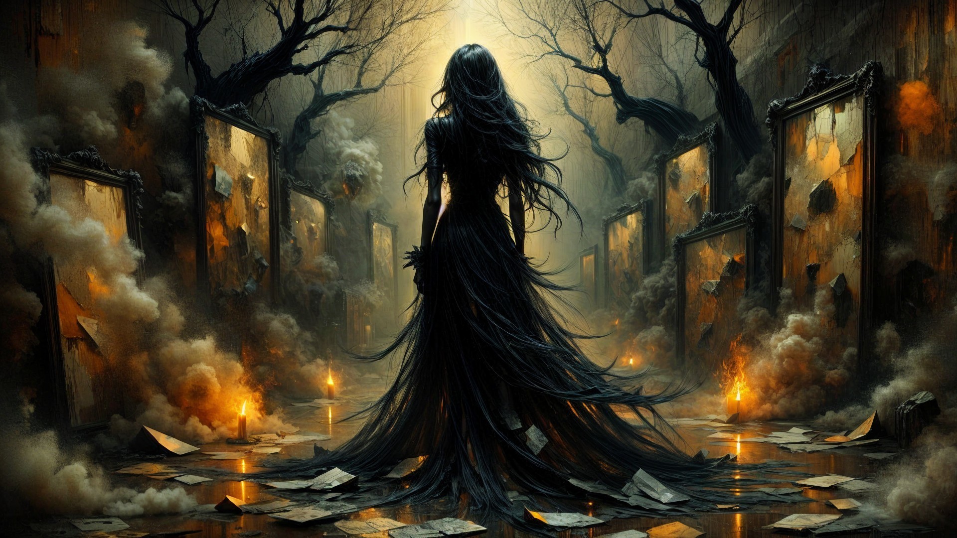 Misty Hall with Figure in Black Gown and Shadows