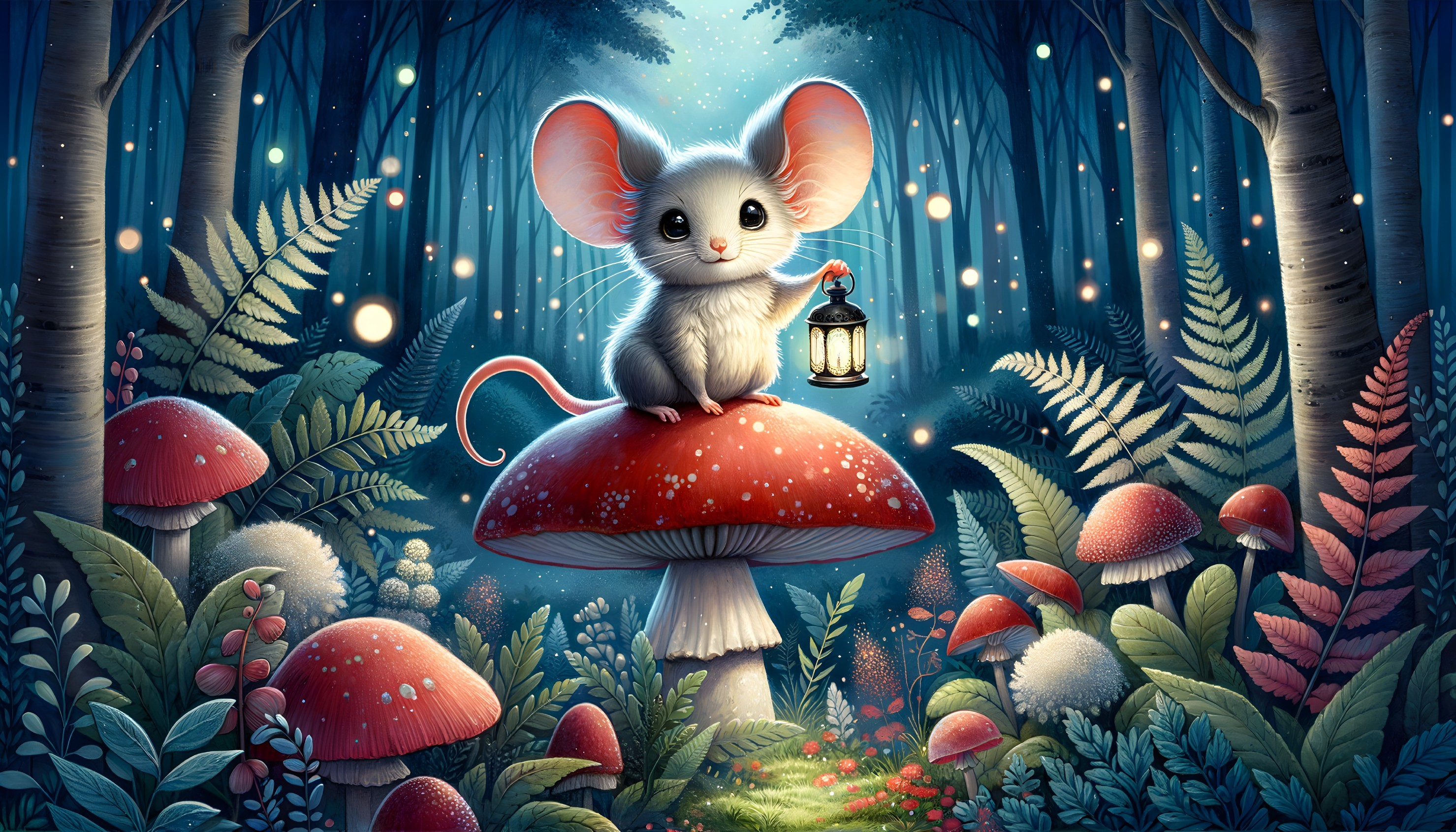 Fluffy Mouse on Red Mushroom in Enchanted Forest