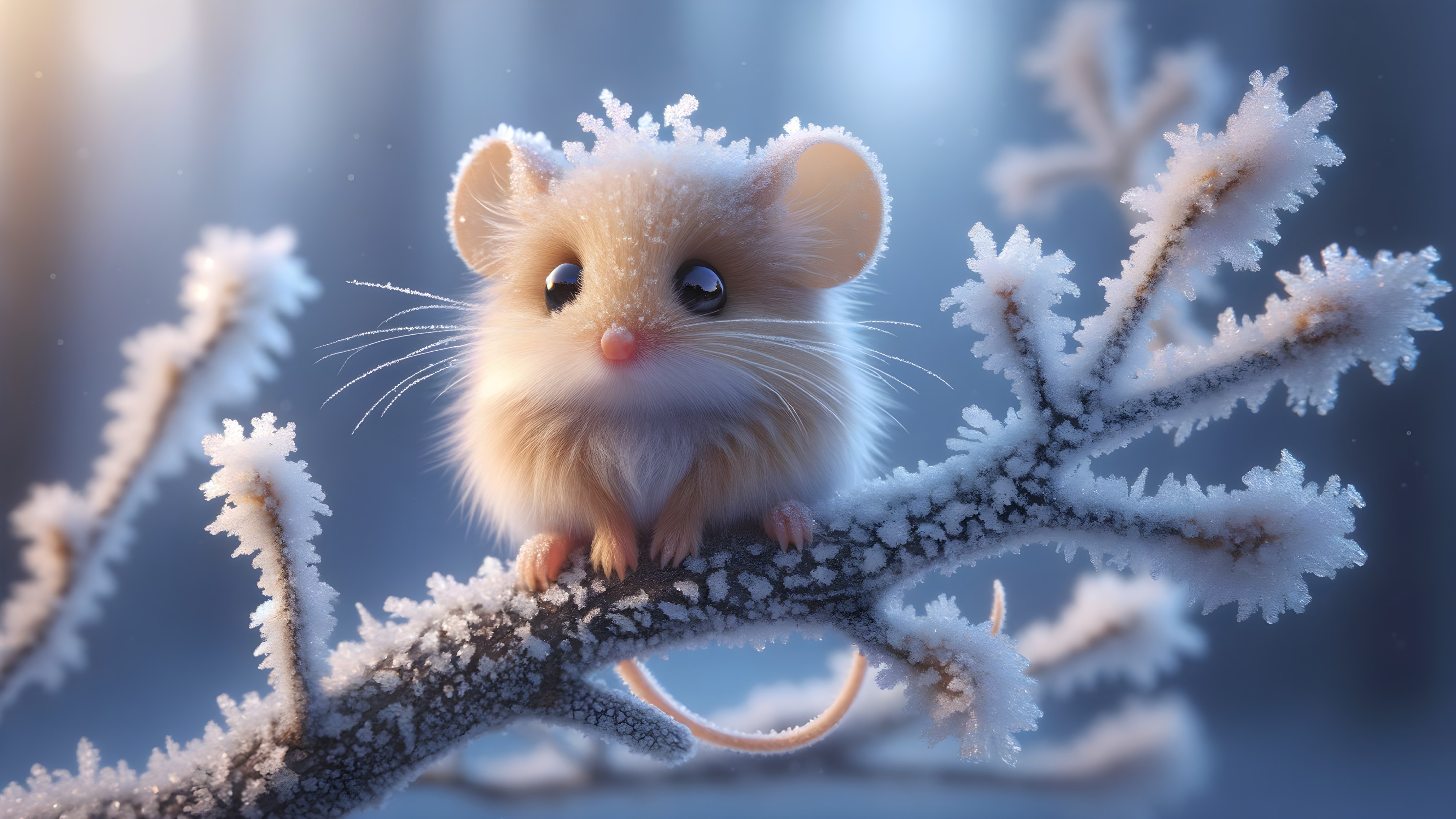 Adorable mouse on frosted branch in winter landscape