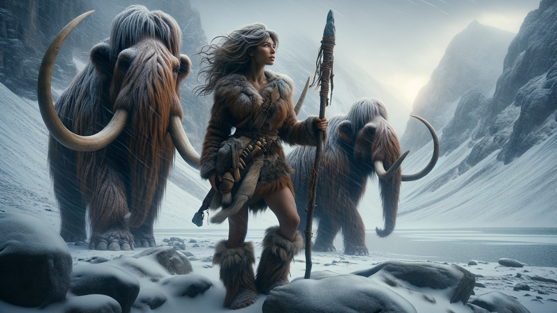 Fierce Woman with Spear and Woolly Mammoths in Snowy Landscape