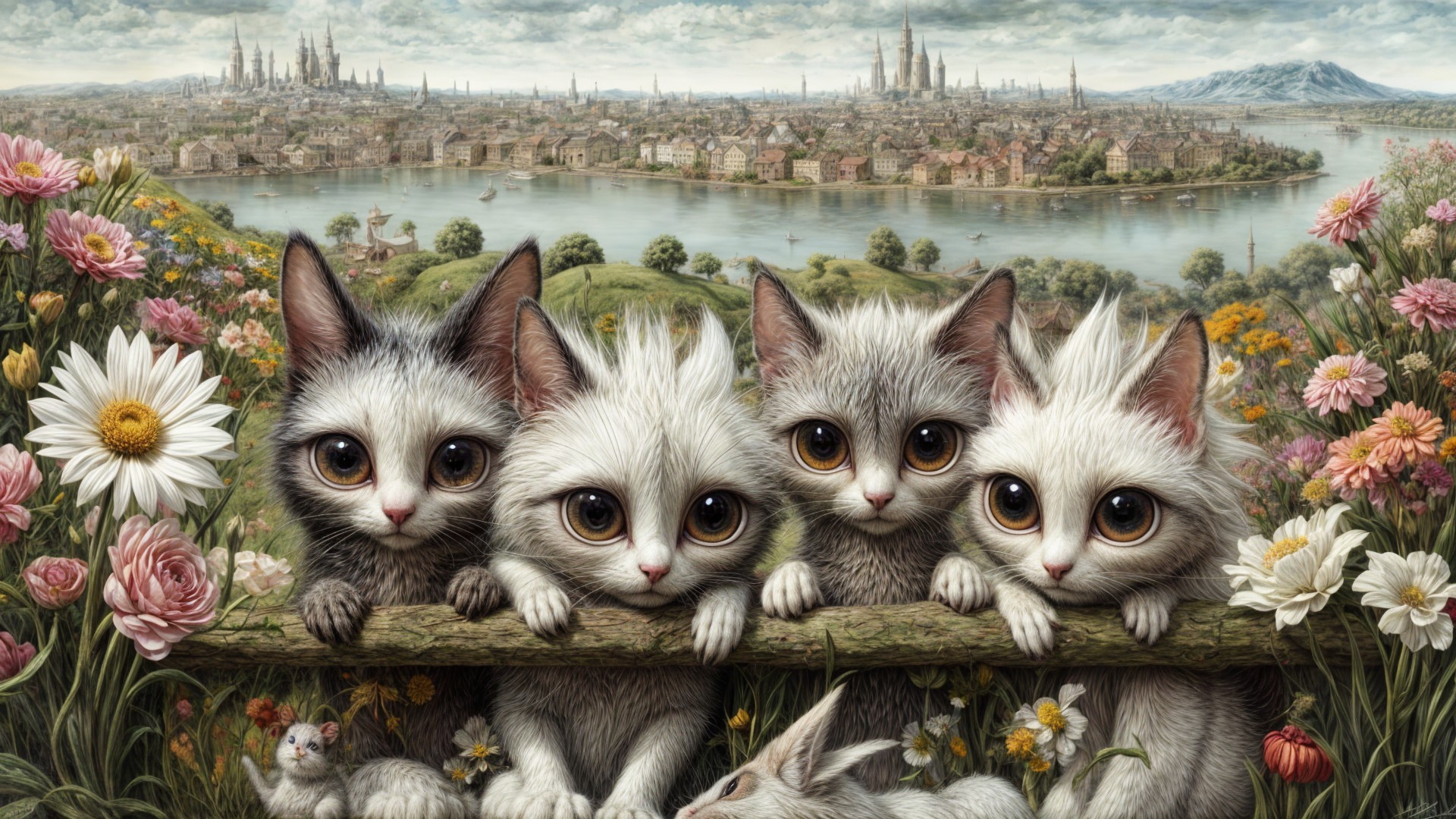 Kittens Peeking Over Fence in Scenic City Landscape