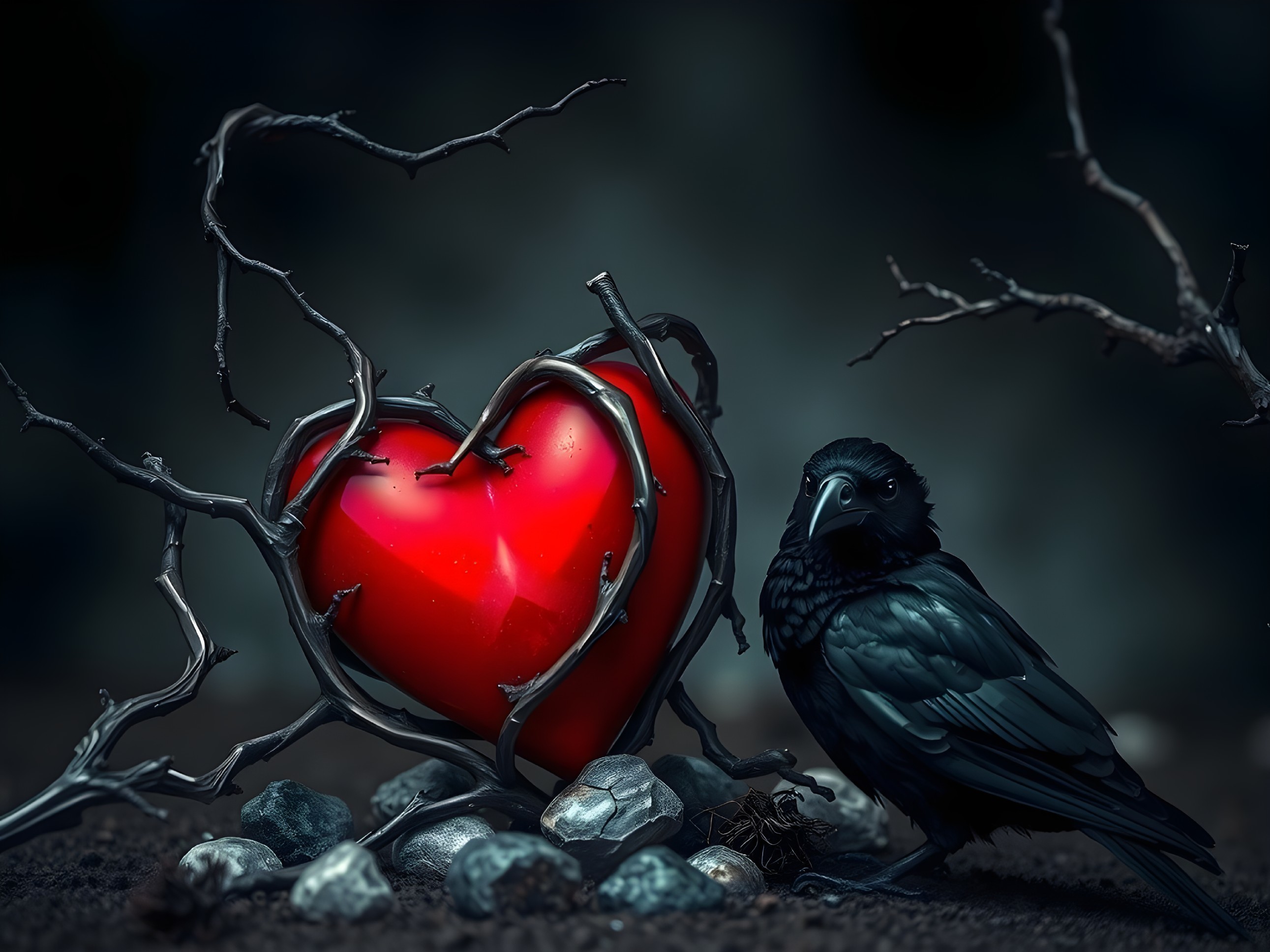 Red Heart Entwined in Dark Branches with Raven