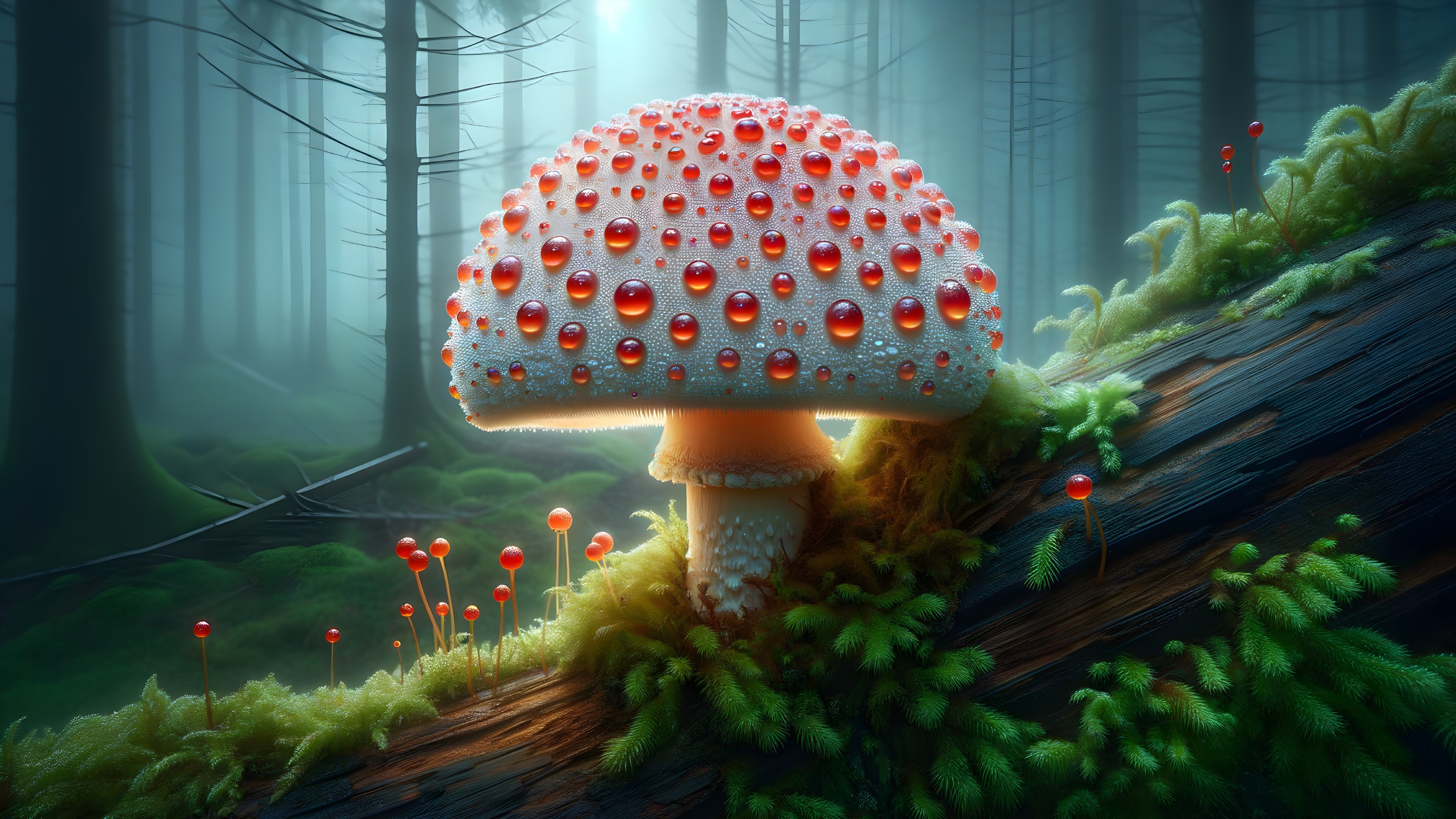 Vibrant Red Mushroom on Mossy Log in Forest Setting