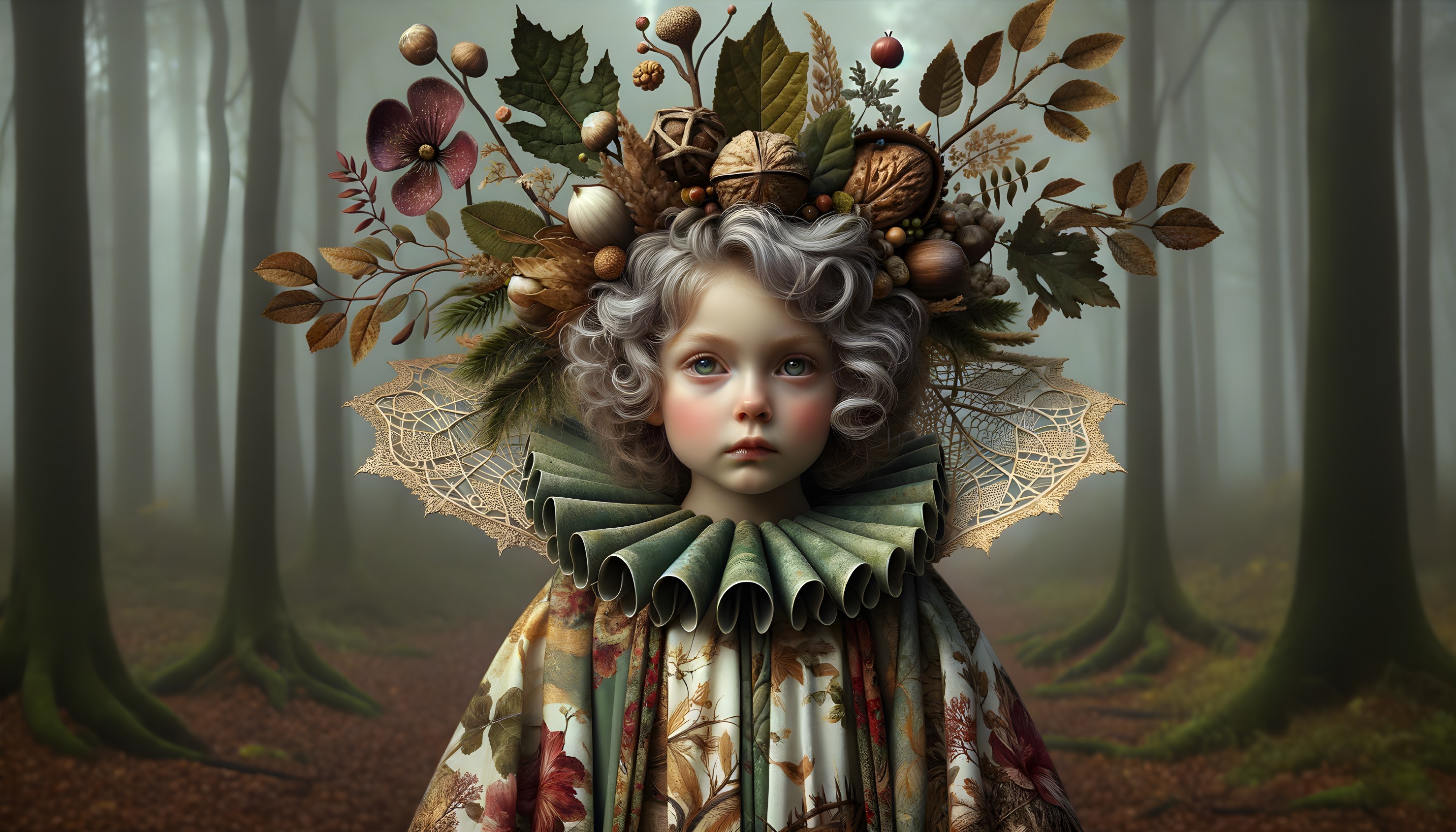 Child in a Misty Forest with Leaf Crown and Ruffled Garment
