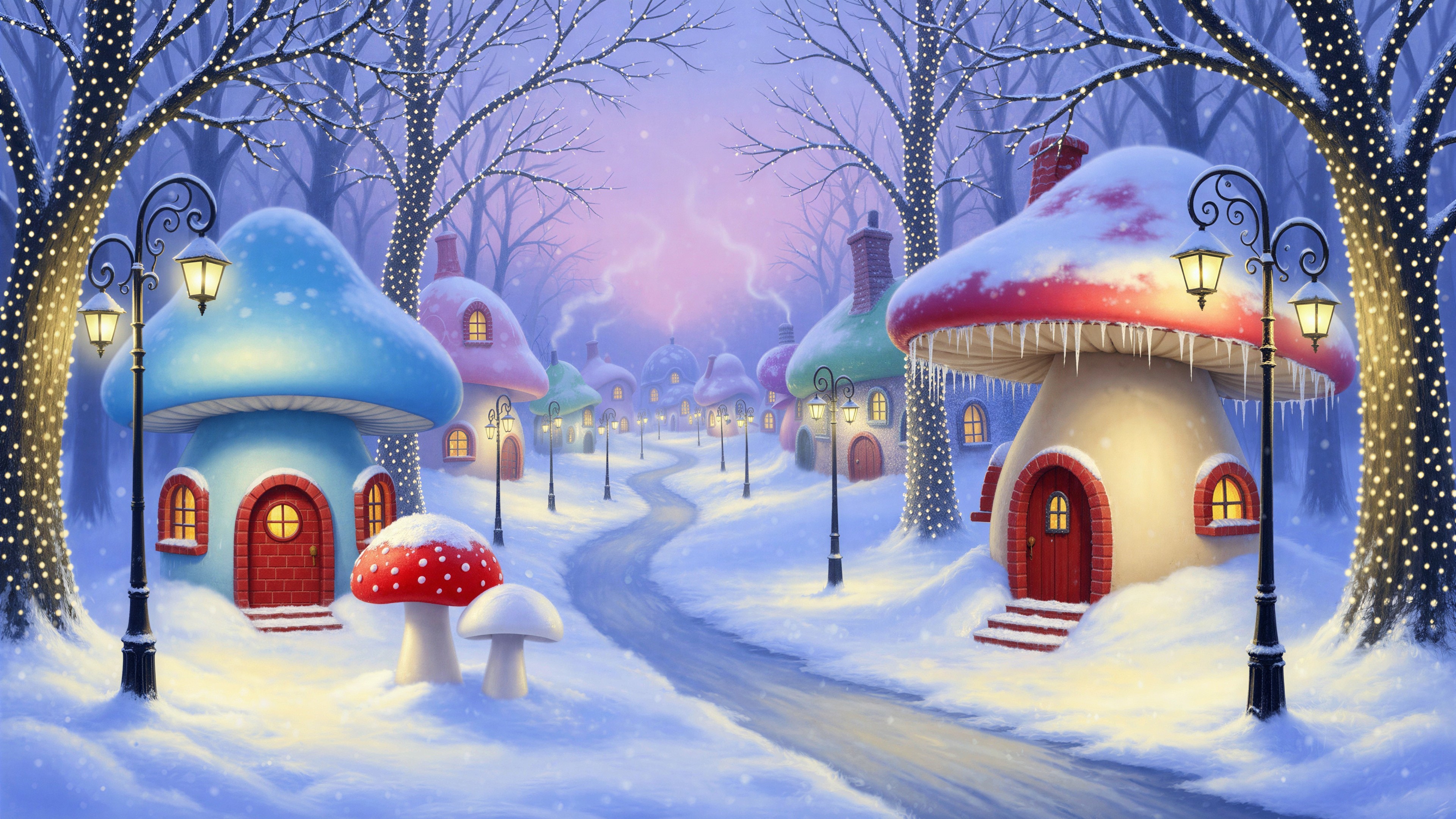 Snowy Village with Whimsical Mushroom Houses at Twilight