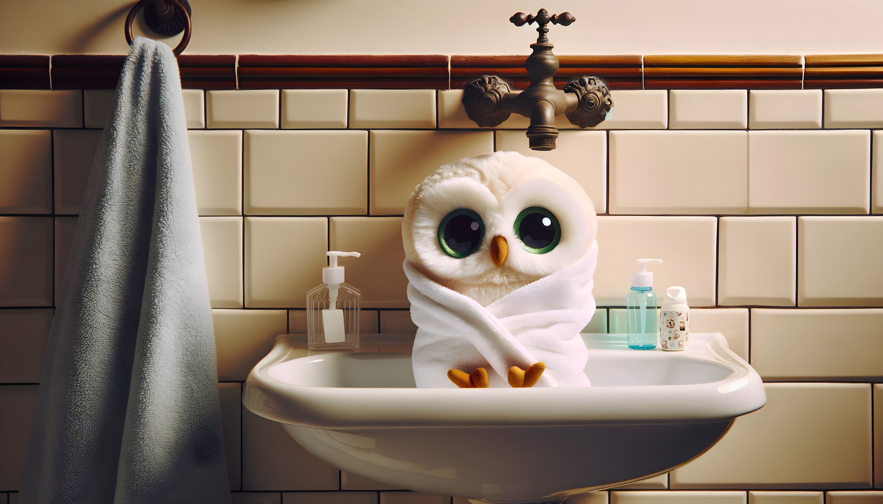 Cartoon Owl Wrapped in Towel in Bathroom Sink Scene