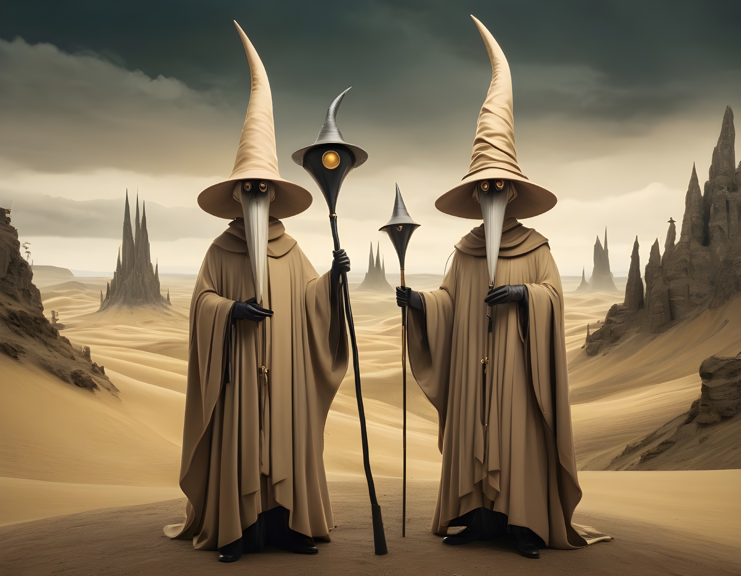 Surreal Desert Scene with Mysterious Figures and Peaks