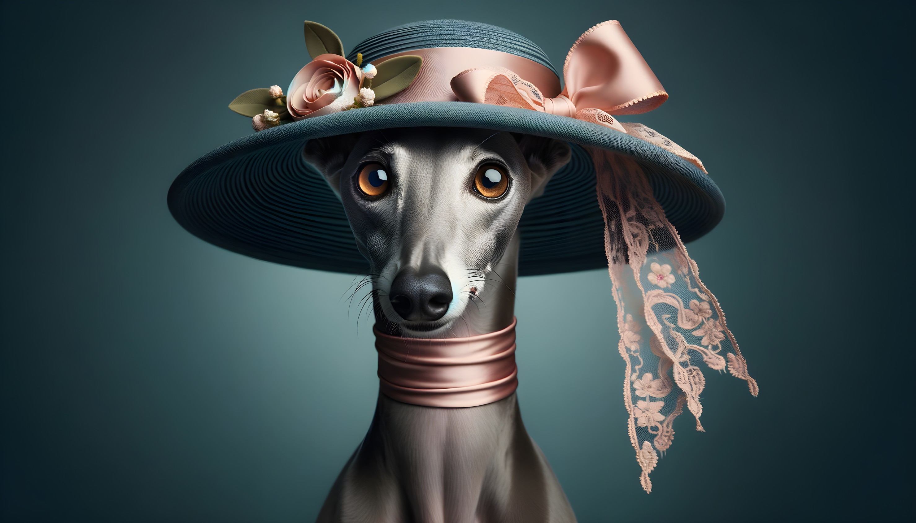 Stylish Dog in Floral Hat with Elegant Posture