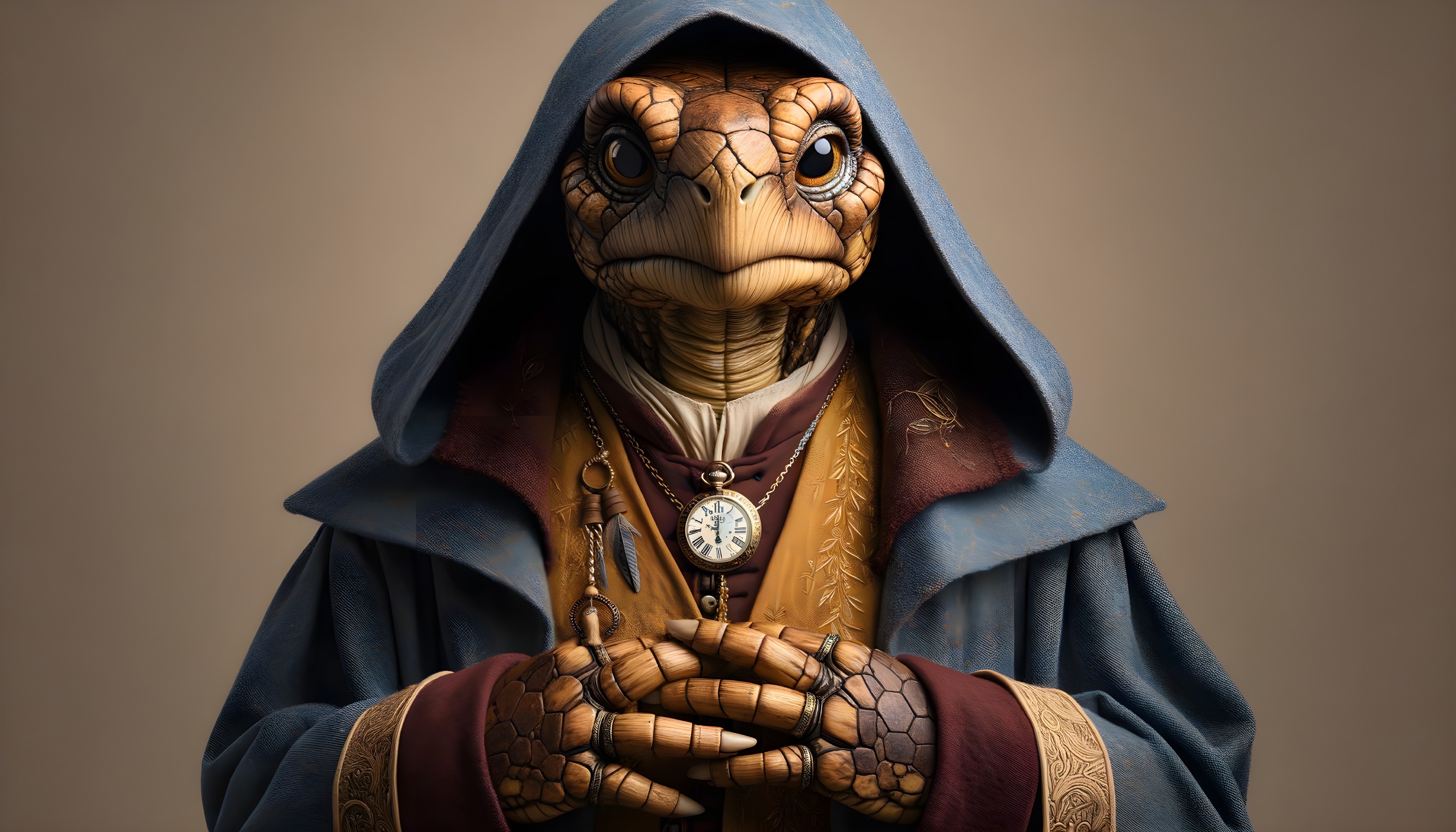 Humanoid Reptilian Figure in Blue Cloak and Pendant