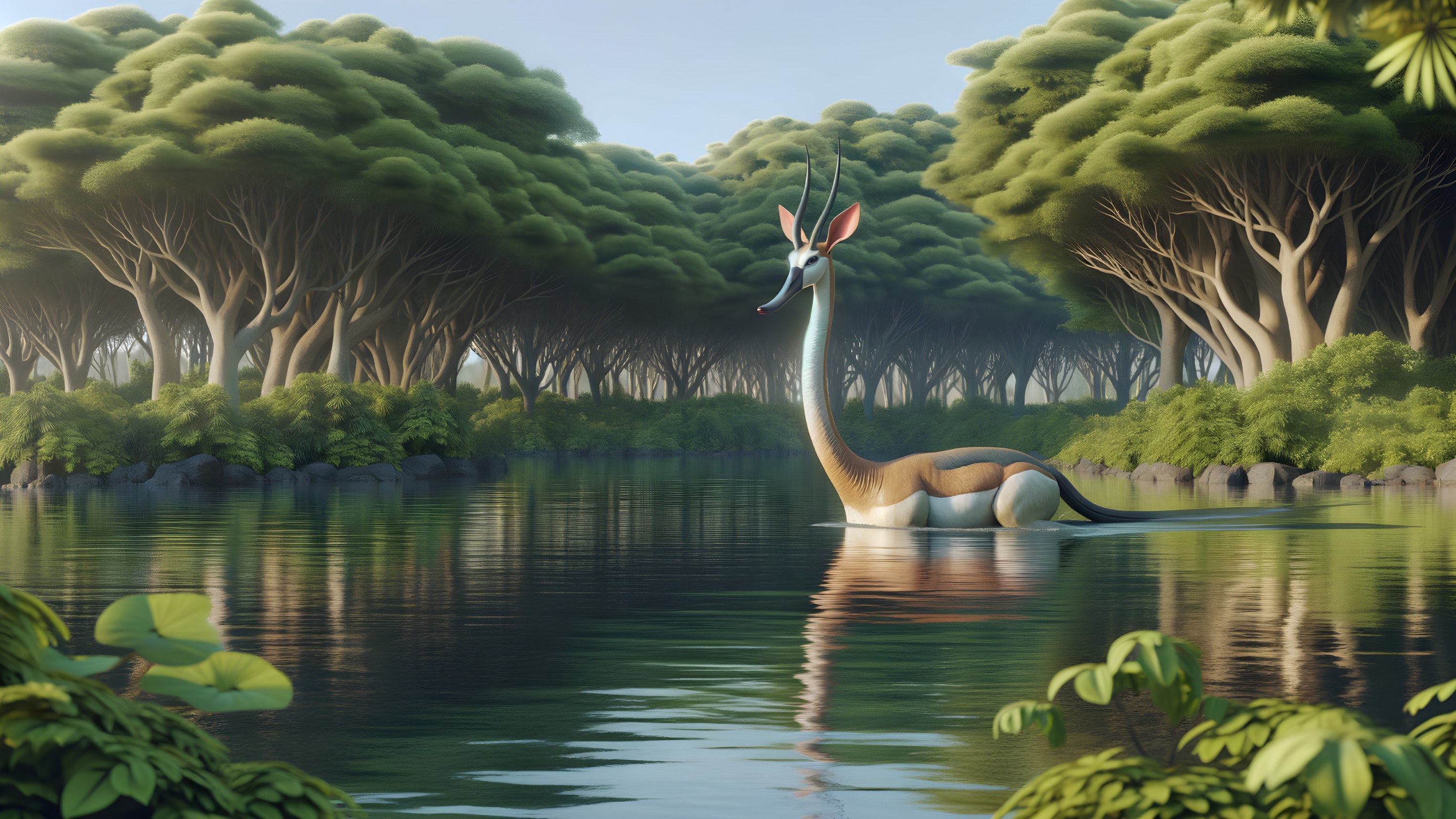 Tranquil River Landscape with Whimsical Creature