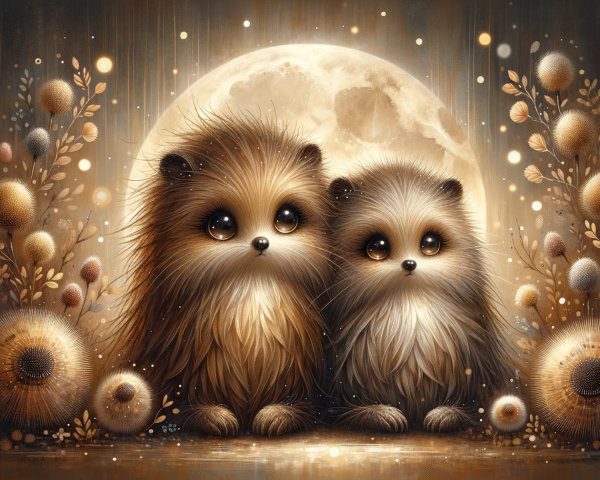 Whimsical Scene of Snuggling Hedgehogs under Moonlight