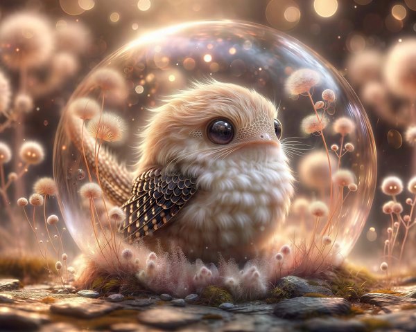 Cute Bird in Glass Sphere with Luminous Dandelions