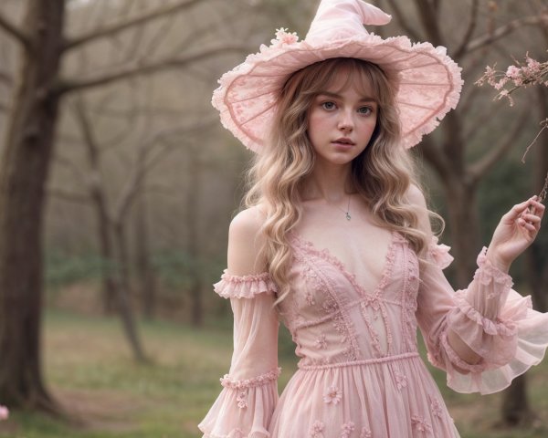 Young woman in pale pink dress in a forest setting