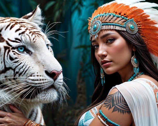 Woman in traditional attire with white tiger backdrop