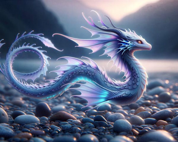 Translucent Blue Chinese Dragon Over Pebble Shore