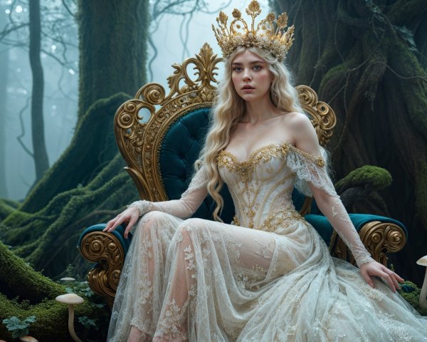 Regal queen on ornate throne in mystical forest setting