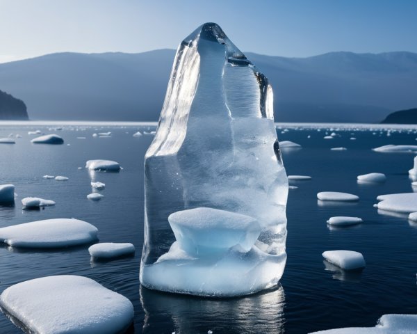 Icy Landscape with Towering Ice Formation and Water