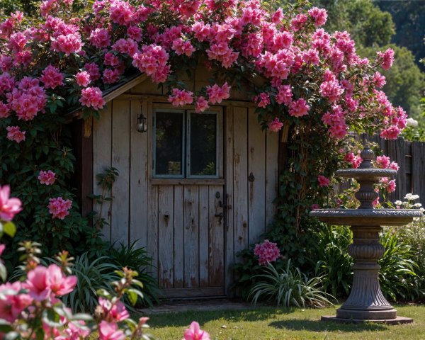 Wooden Shed with Pink Flowers and Stone Birdbath