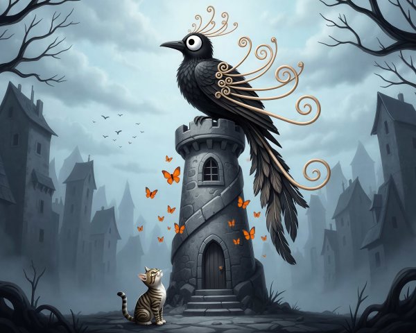 Whimsical illustration of a bird and cat by a castle tower