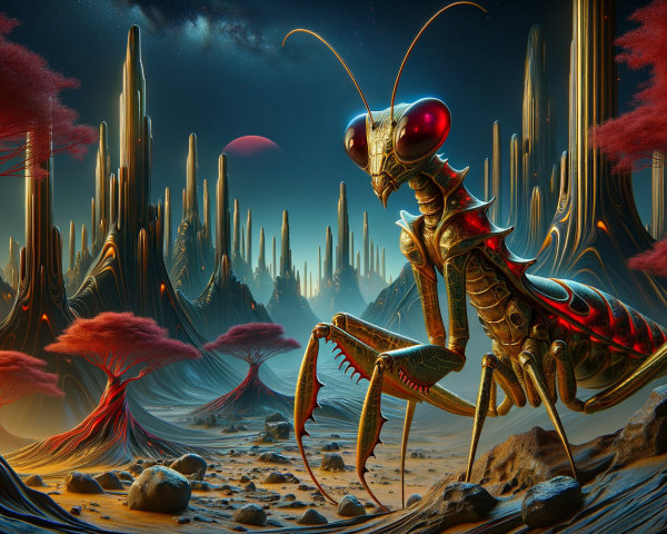 Surreal landscape with giant mantis-like creature