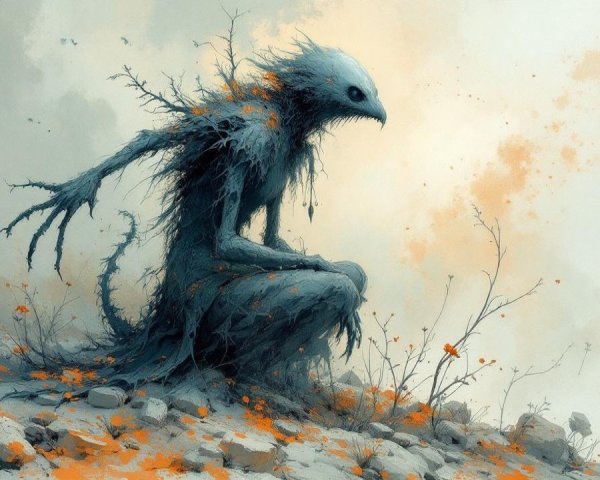 Humanoid Figure with Bird Head in Desolate Landscape