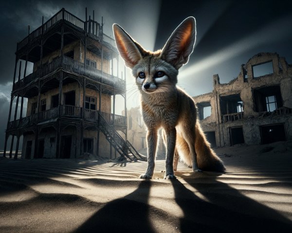Fennec Fox in Desert with Abandoned Building Background