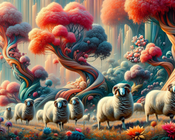 Surreal Landscape with Vibrant Trees and Grazing Sheep