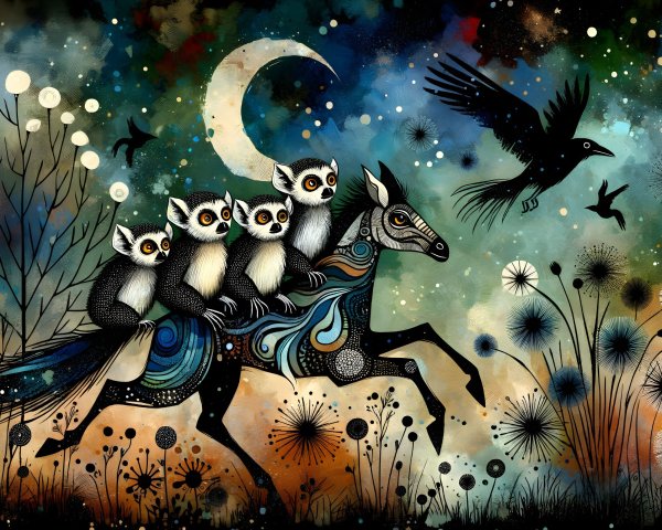 Whimsical Illustration of a Galloping Horse and Owls