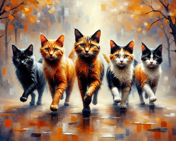 Five Cats Walking in Autumn Landscape with Warm Colors
