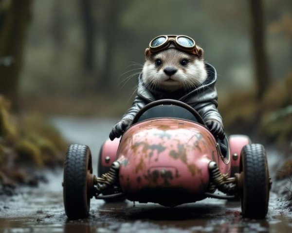 Charming Critter in Vintage Toy Car in Misty Forest