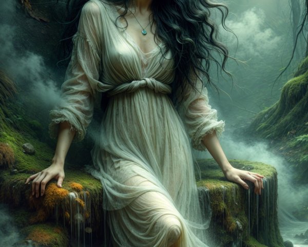 Mystical Woman in Foggy Forest by Gentle Stream